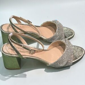 Jewel Badgley Mischka Ansley Metallic Gold Mesh Block Heel Sandals